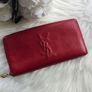 YSL Red Leather Zip-Around Signature Logo Wallet